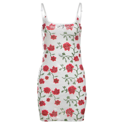 Backless Slim Fit Printed Sequin Slip Dress Hip