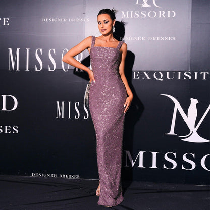 Bandeau Long Sequin Sling Square Collar Cocktail Evening Dress Bridesmaid Dress