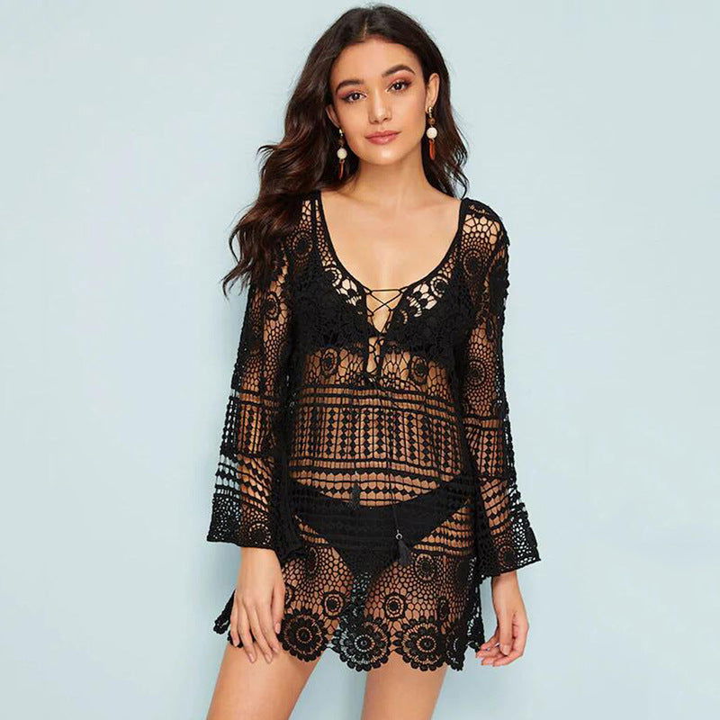 Bell Sleeve Water Soluble Hollow Out Cutout Loose Beach Cover Up Sun Proof Vacation Beach Swimsuit Outer Wear