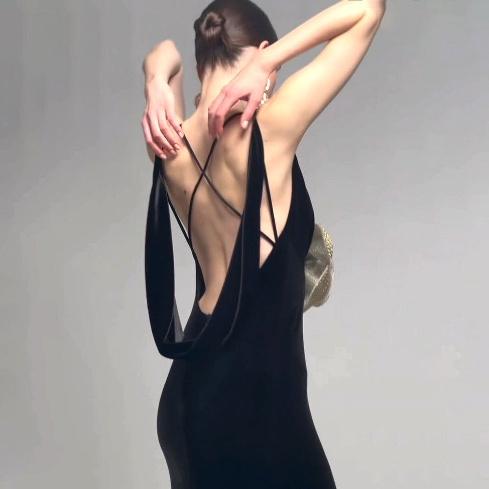Black Camisole Backless Slim Fit Golden Floral Dress Maxi Dress Dress Batch