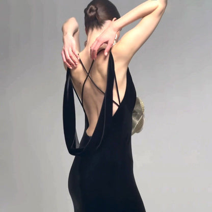 Black Camisole Backless Slim Fit Golden Floral Dress Maxi Dress Dress Batch