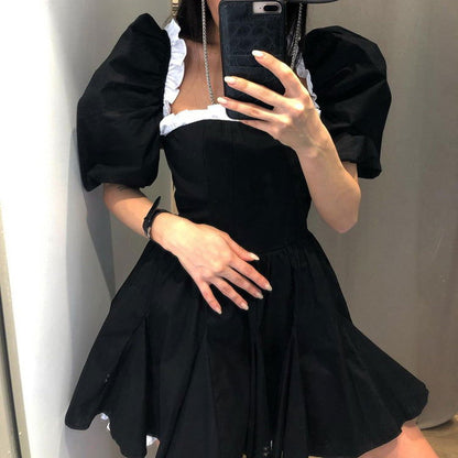Black White Contrast Color Square Collar Puff Sleeve Backless Dress High Sense