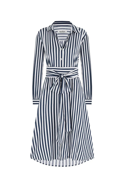 Francesca Long Sleeve Striped Midi Dress Navy and White