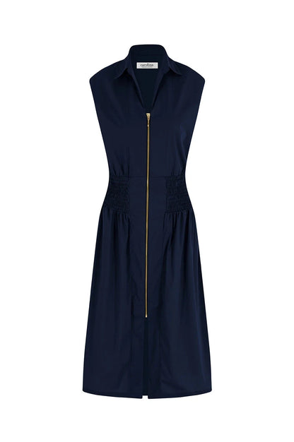 Laura Sleeveless Smocked Waist Zip Front Midi Dress Navy