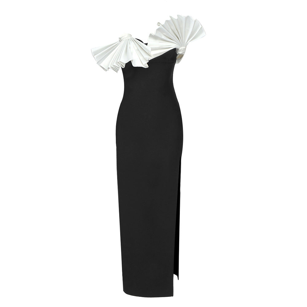 Black White Folding Fan Shape Strapless Dress Backless