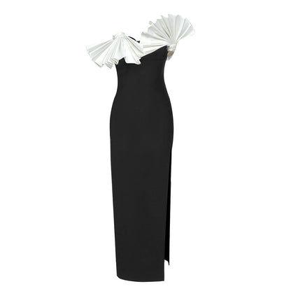 Black White Folding Fan Shape Strapless Dress Backless