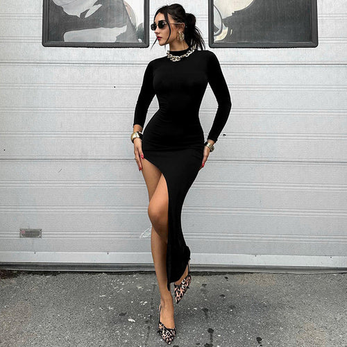 Arrival Slim Long Sleeve Back Hollow Out Cutout out High Slit Dress