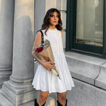 All Match White Elegant Dress round Neck Bow Lace up Elegant Loose Short