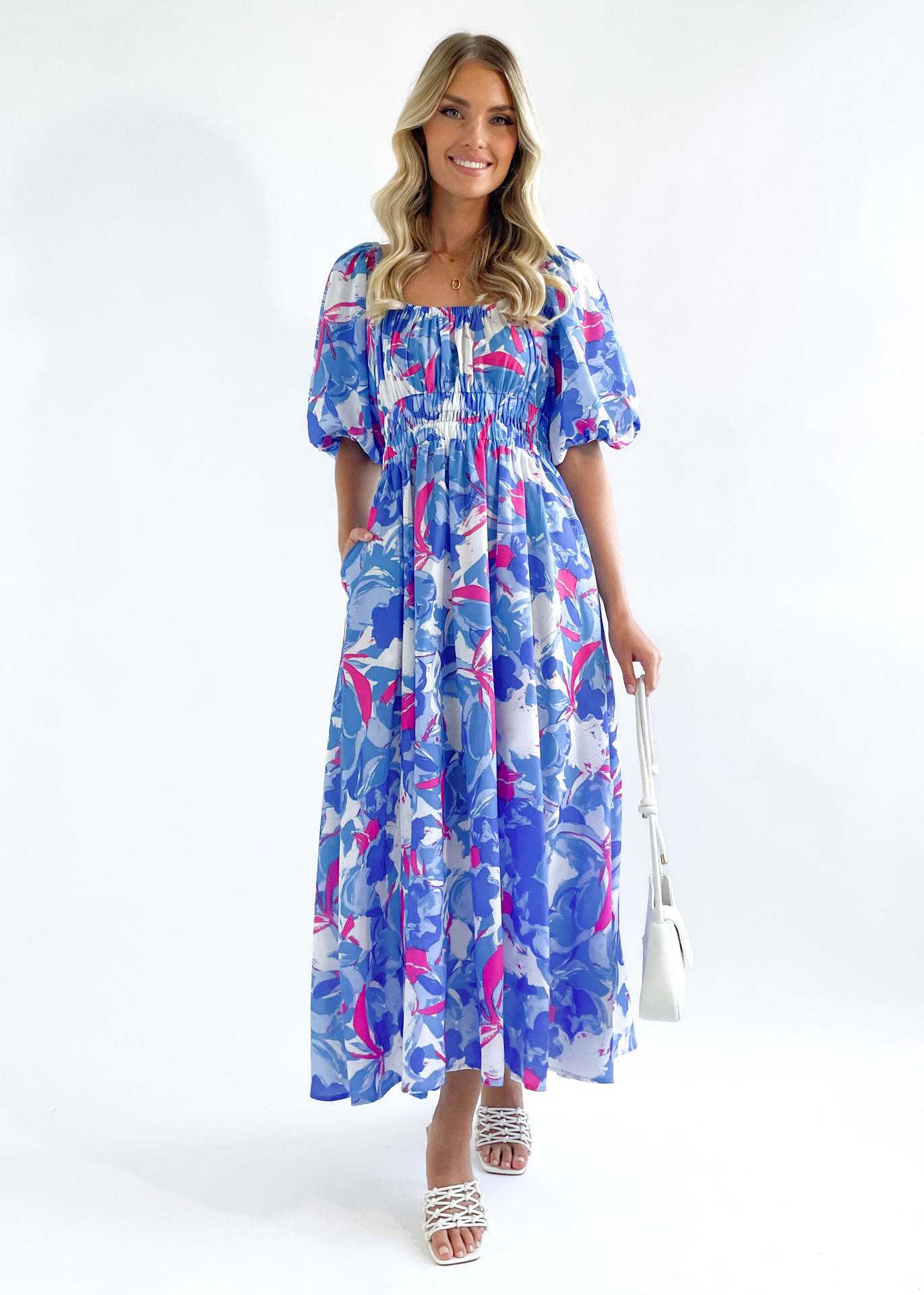 Arrival Printed Square Collar Short Sleeve Waist Controlled Large Swing Dress for
