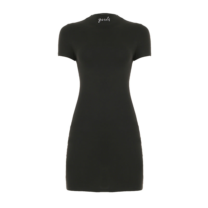 Basic Casual Half Turtleneck Rhinestone Short Sleeve Dress Solid Color Slim Fit Hip Wrapped Short Dress Summer