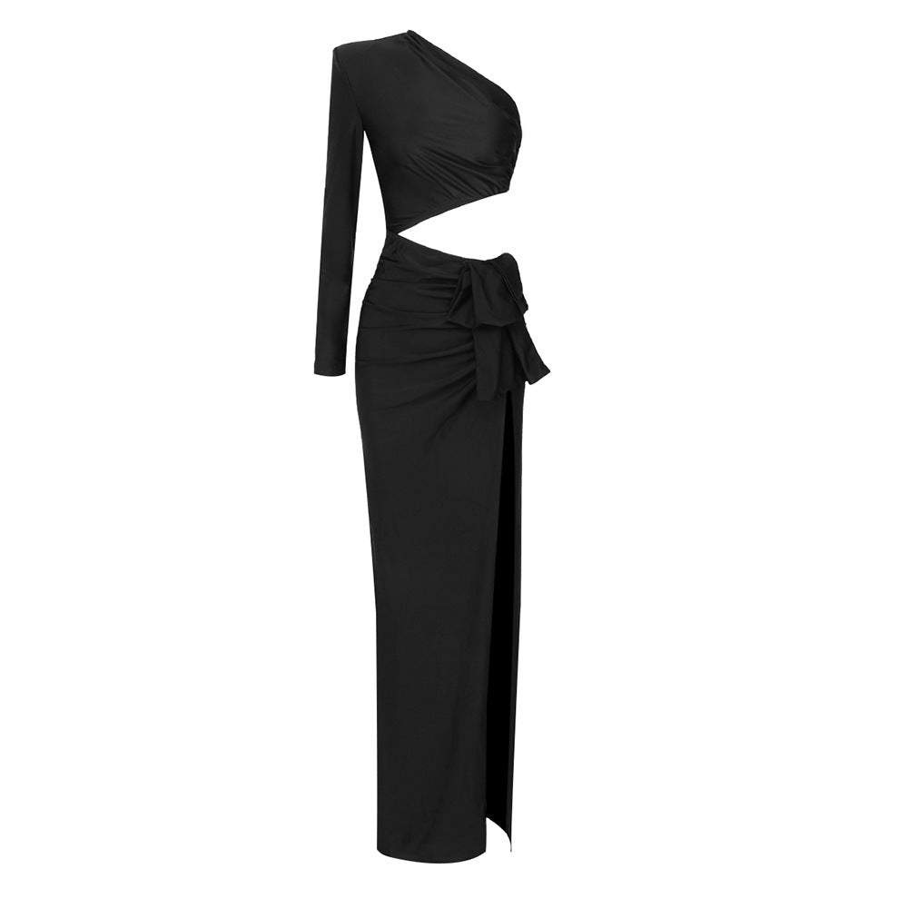 Black Ladies Long Sleeves Hollow Out Cutout out Cropped Hip Dress Stretch Dress Oblique Shoulder Winter