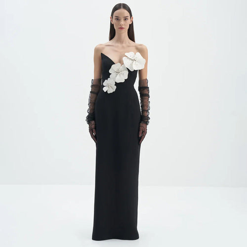 Black Tube Top Dress Floral Diamond Core Split off-Shoulder Design