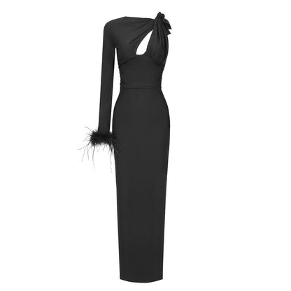 Black Long Sleeved Hollow Out Cutout out One Shoulder Feather Dress Dress
