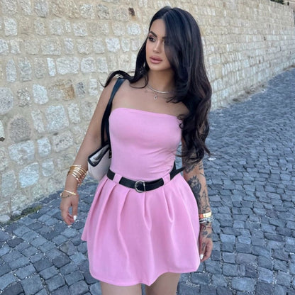 Bandeau One Shoulder Waist Trimming Solid Color Dress No Belt