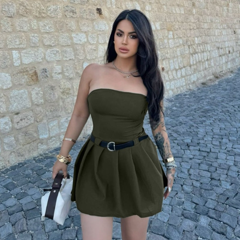Bandeau One Shoulder Waist Trimming Solid Color Dress No Belt