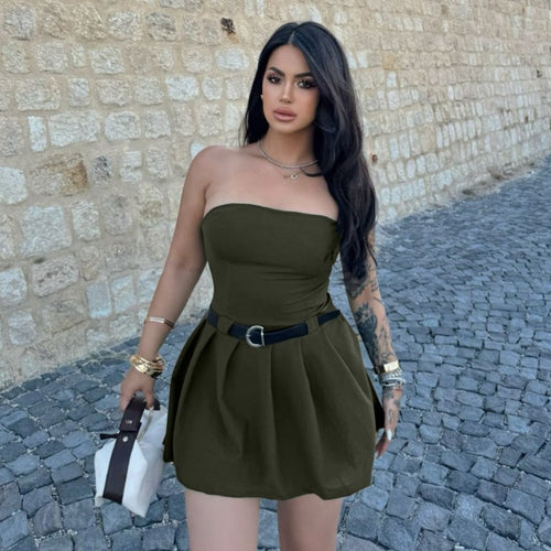 Bandeau One Shoulder Waist Trimming Solid Color Dress No Belt