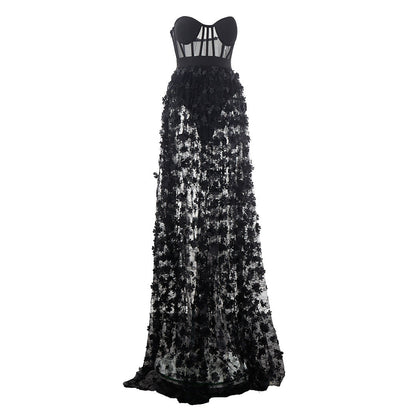 Black Lace See through Dress Tube Top Design Party Dinner Dress