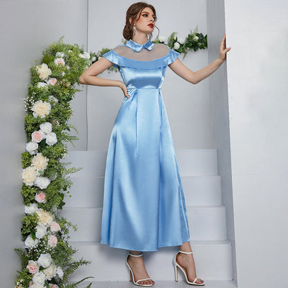 Blue Mesh Maxi Dress High Waist A line Dress