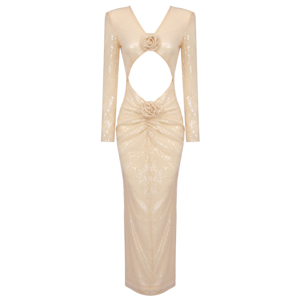 Apricot Long Sleeve Three Dimensional Floral Beaded Dress