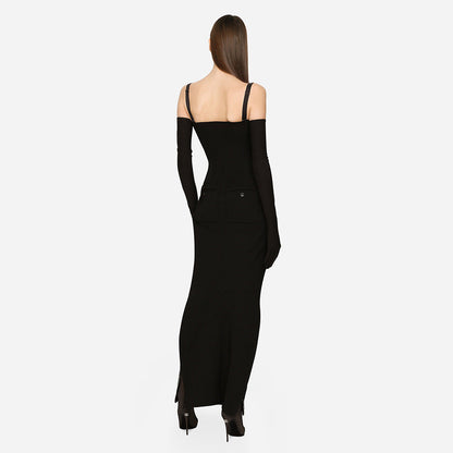 Black Strap Long Zipper Dress Gloves Dress