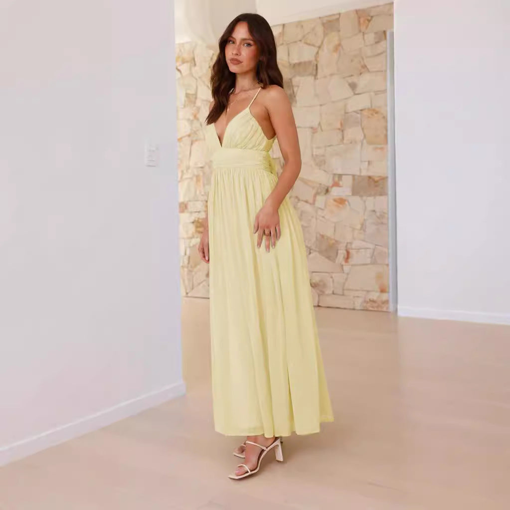 Backless Lace up Tight Waist Slim Chiffon Dress