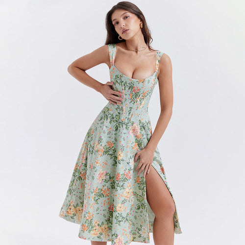 Boning Corset Cami Dress Slim Fit Backless Slit Midi Floral Dress Dopamine Wear Matching