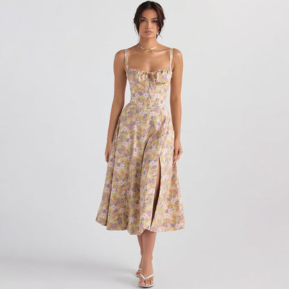 Backless Slim Fit Strap Dress Vacation Floral Split Mid Length Dress