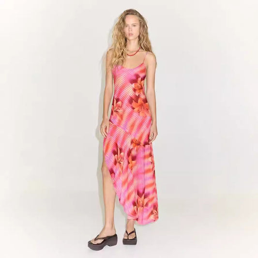 Backless Bandage Slit Printing Dress Printing Slip Dress