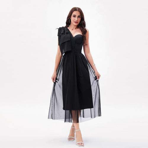Boning Corset Tight Waist One Shoulder Fairy Gauze Dress Large Swing Elegant Maxi Dress