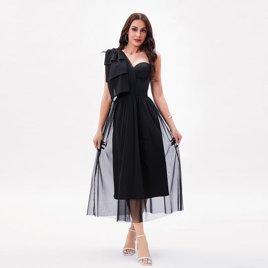 Boning Corset Tight Waist One Shoulder Fairy Gauze Dress Large Swing Elegant Maxi Dress