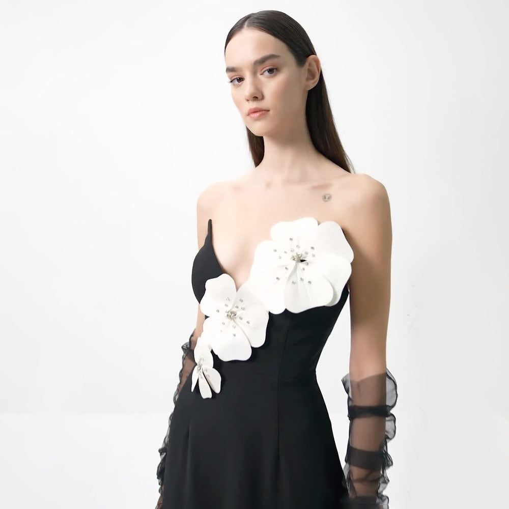 Black Tube Top Dress Floral Diamond Core Split off-Shoulder Design