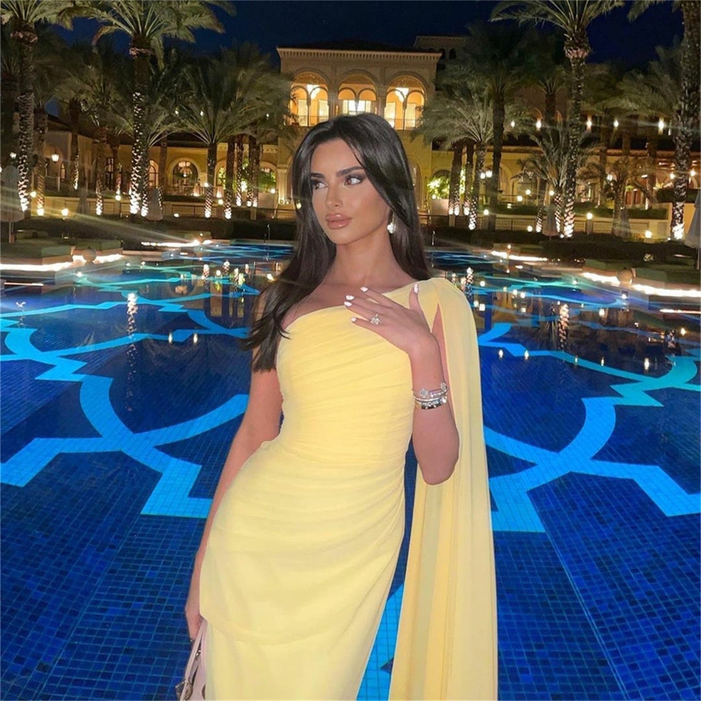 Baby Yellow Chiffon Mermaid One-shoulder Prom Dress