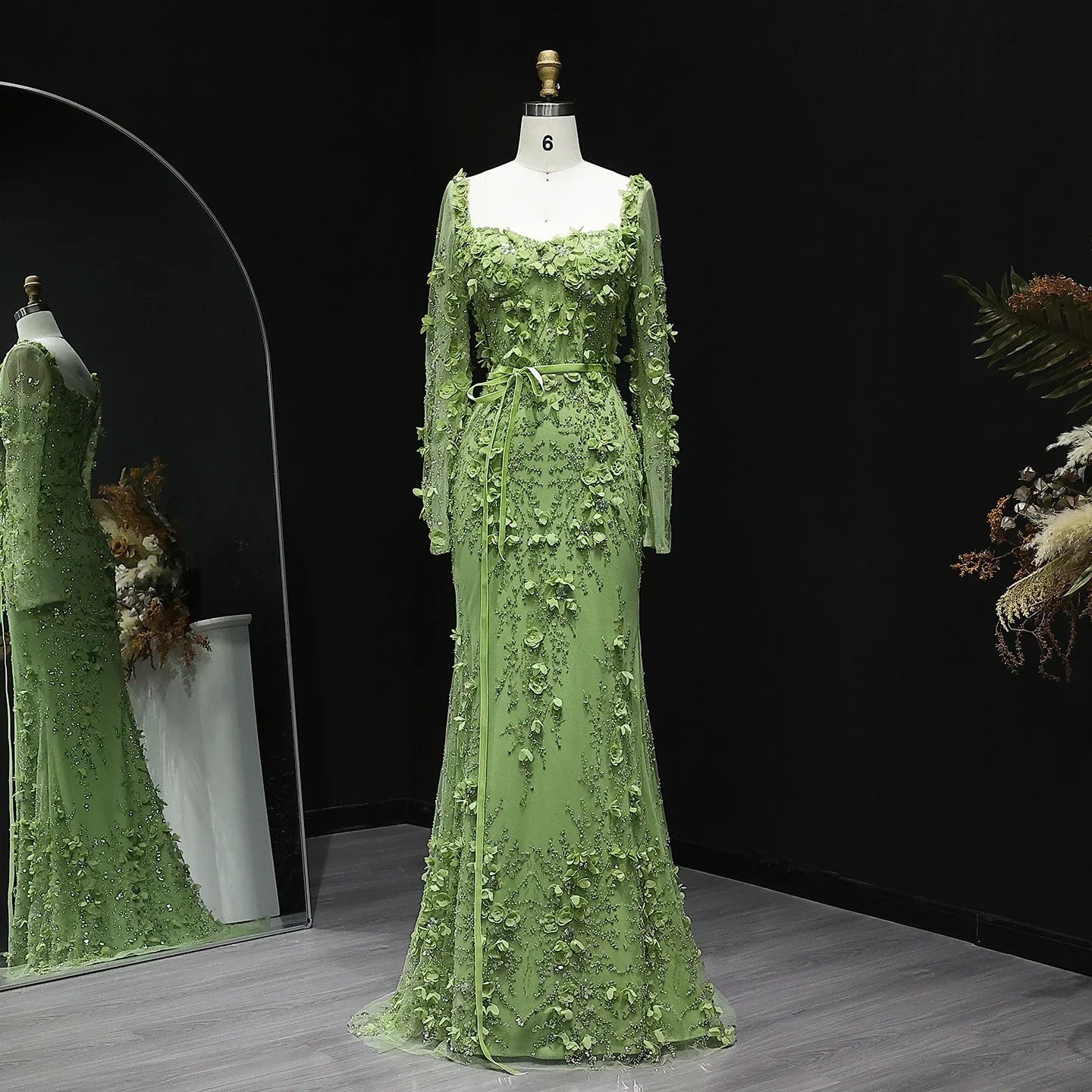 3D Floral Mermaid Evening Dress with Long Sheer Sleeves