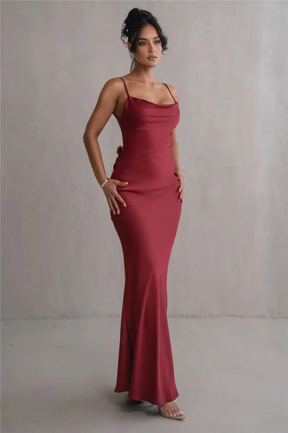 3D Flower Draped Open Back Maxi Dress