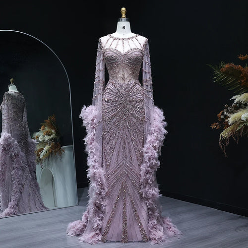Beaded Mermaid Evening Dress with Feather Cape Sleeves