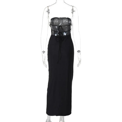 Black Tube Flower Print Back Tie Up Maxi Dress