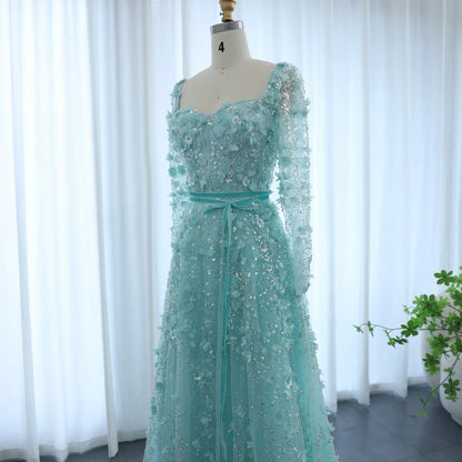 3D Floral A-Line Evening Gown Long Sleeves