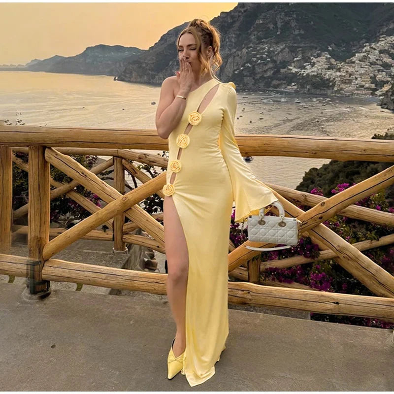 3D Flower Skew-collar Hollow Out Side Split Dress