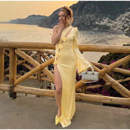 3D Flower Skew-collar Hollow Out Side Split Dress