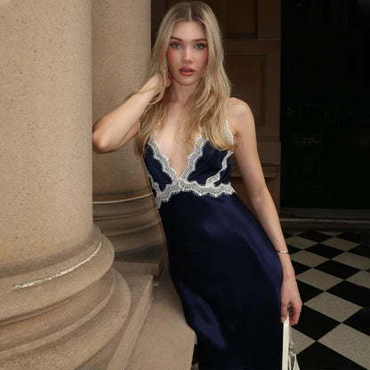 Blue Satin Maxi Dress with Lace Trim