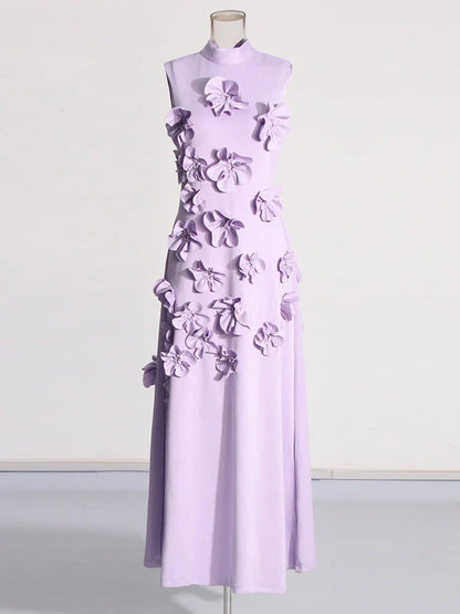 3D Flower Appliqué Mock Neck Midi Dress