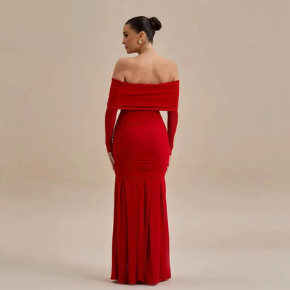 3D Flower-appliqué Mesh Long Sleeve Fishtail Maxi Dress