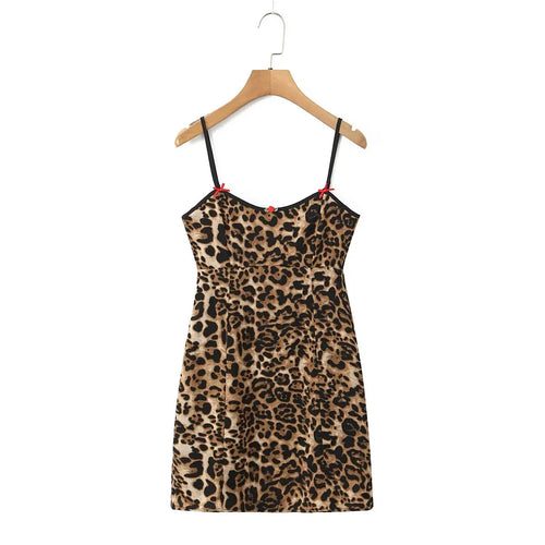 Bow Brown Leopard Print Sling Dress