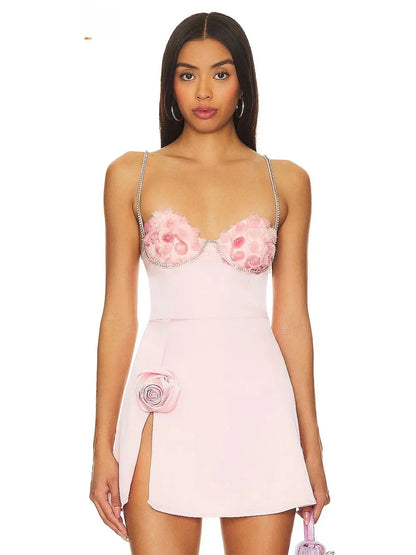 3D Flower  Spaghetti Strap Party  Mini Dress