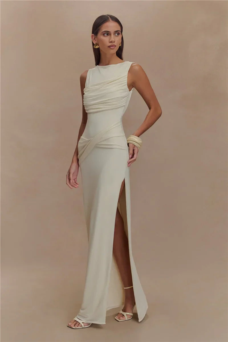 Backless Ruched O Neck Thigh High Split Long Dress