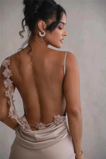 3D Flower Draped Open Back Maxi Dress