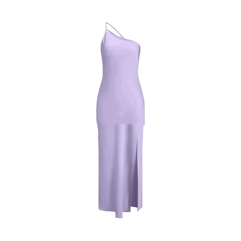 Backless Satin Slant Shoulder Solid Slit Long Dress