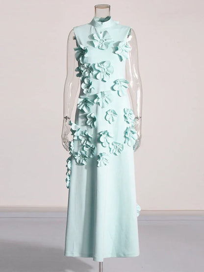 3D Flower Appliqué Mock Neck Midi Dress