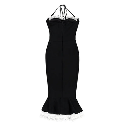 Black Lace Trumpet Spaghetti Strap Midi Dress
