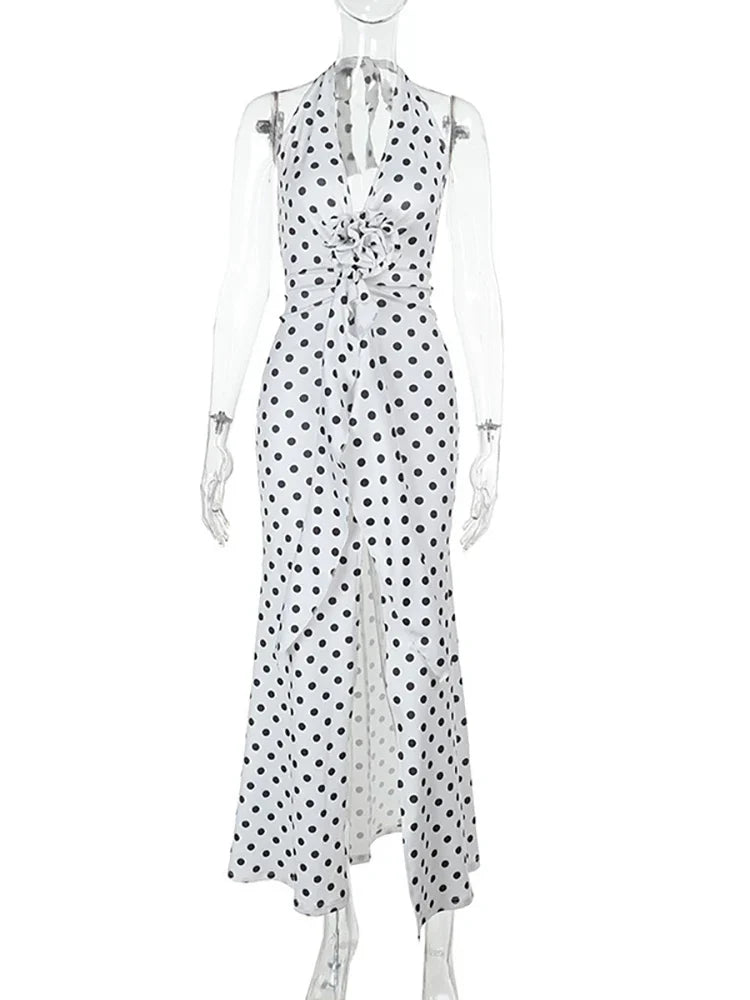 3D Flowers Polka Dot Print Backless Dress